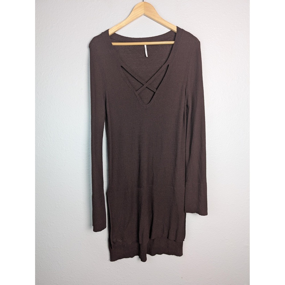 Free People Sweater Womens Medium Brown Criss Cross V Neck Long Tunic Knit